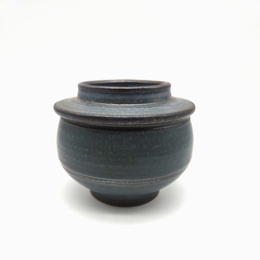 Vintage.e Blaisdell Pottery Hand Thrown Teal Stoneware Butter Crock Sgned.